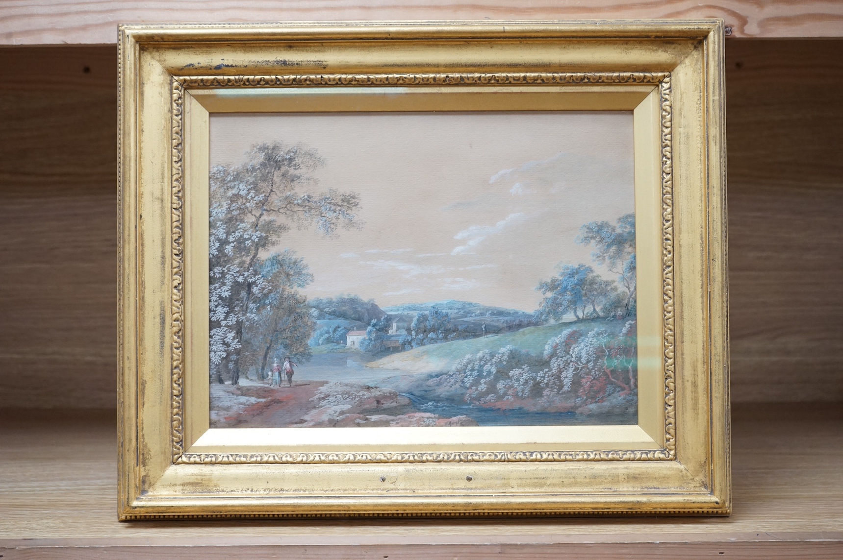 Johannes Janson (Dutch, 1729-1761), watercolour, Continental riverscape, inscribed in ink verso, 20 x 28cm, ornate gilt frame. Condition - fair
